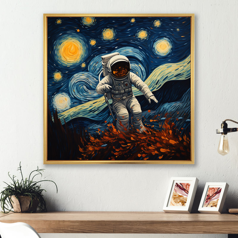 Vangogh Astronauts Through Space II - Space Wall Art, Gold Floater Framed, 30" H x 30" W