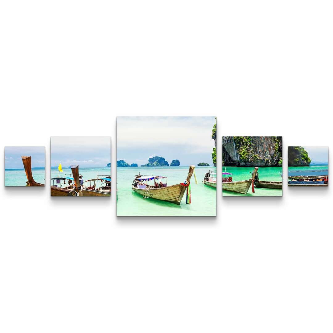 5-tlg. Leinwandbilder-Set Longtale Boote am Strand von Phuket - Thailand