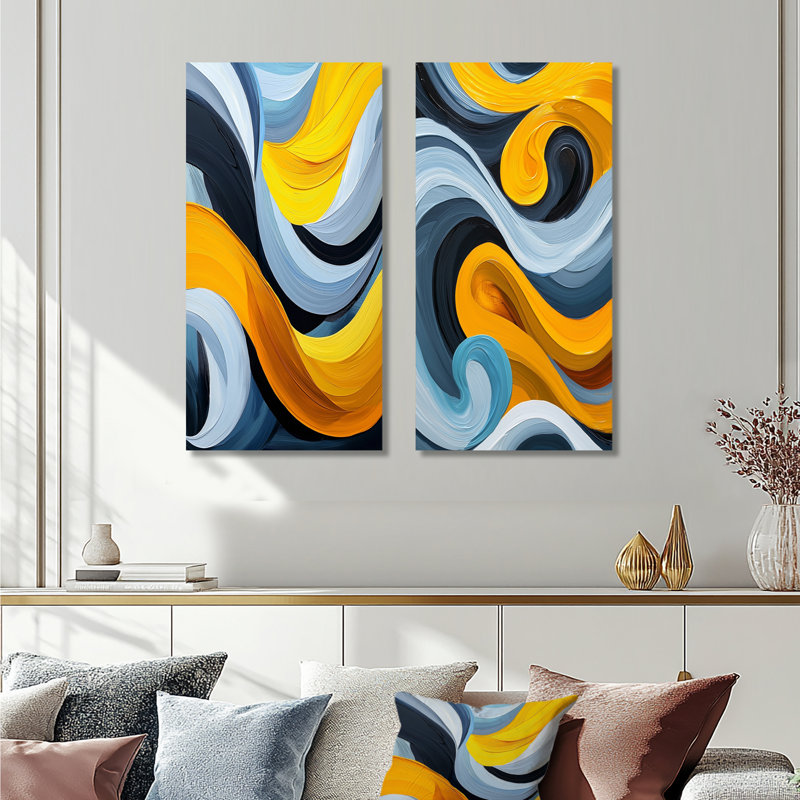Bleu et jaune, lignes de vapeur océaniques I - Collection d'art mural abstrait 2 pièces, H 28 po x l 25 po, Toile tendue