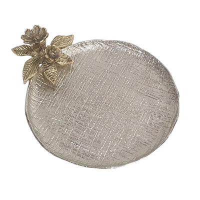 12x10x3" Round Aluminum Tray With Textured Silver Finish And Gold Floral Accent