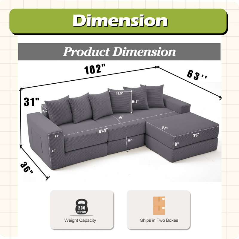 10-In-1 Convertible Sofa Sectional ,Corner Couch , Convertible Floor Sleeper Sofa, Dark Gray Corduroy