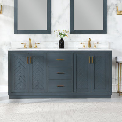 Gazsi 72" Double Bathroom Vanity Set With Grain White Engineered Stone Countertop Without Mirror