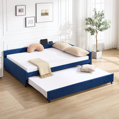 Upholstered Daybed With Trundle,Sturdy Wooden Bed Frame, Modern Diamond Grid Design,For Bedroom, Guest Room (Navy)