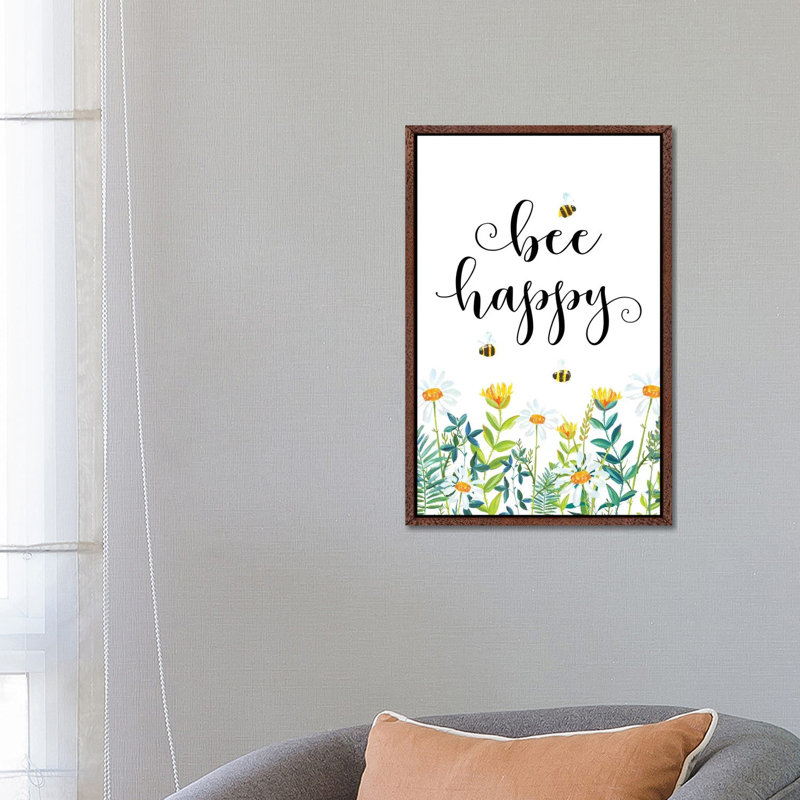 Bee Happy - Print on Canvas, 66.04 cm H x 45.72 cm W, Classic Brown Wood Framed