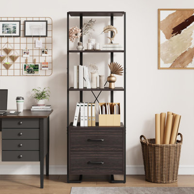 Bibliothèque et bibliothèque avec deux tiroirs classeurs, hauteur de la bibliothèque 70,9 po à 3 niveaux, rangement pour armoire de bureau autoportant, décoration rustique, brun rétro