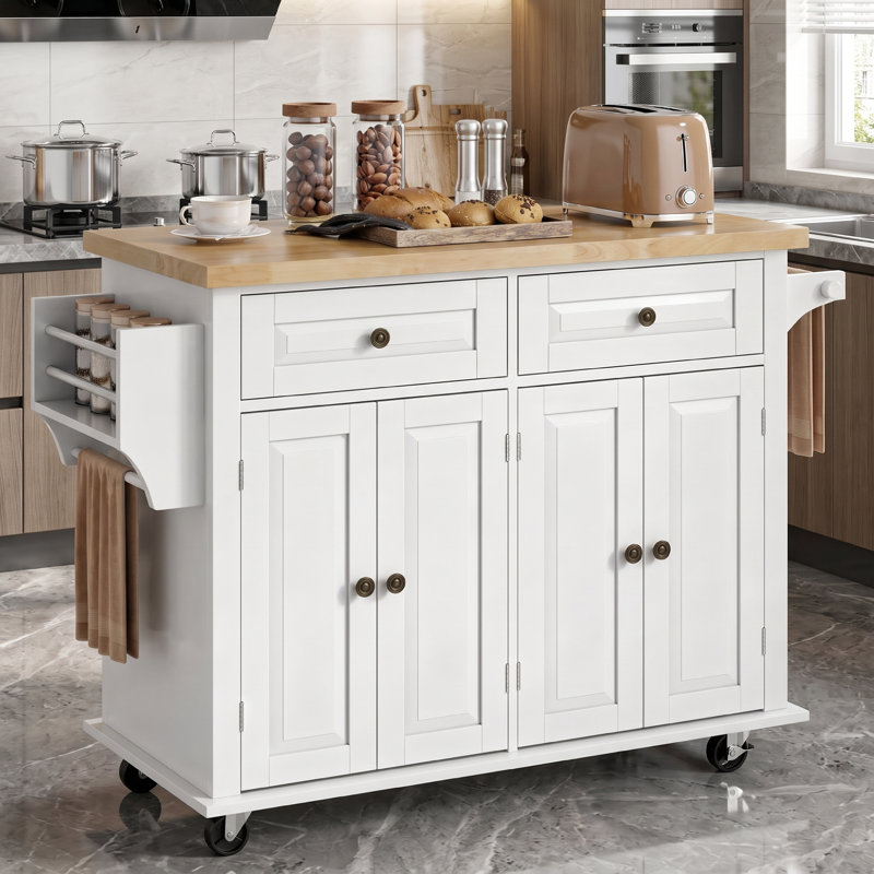 Îlot de cuisine avec tiroirs, table d'îlot de cuisine mobile de 44 po, chariot d'îlot de cuisine sur roulettes, Blanc