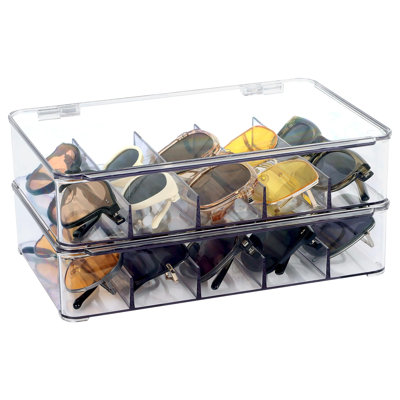 Sunglasses Organizer, Plastic Stackable Eyeglass Case Storage Organizer, Sunglass Glasses Storage Box with Hinged Lid