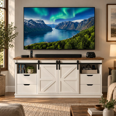 Console pour téléviseur de 58 po avec portes de grange coulissantes, 4 tiroirs et rangement multimédia - Convient aux téléviseurs de 65 po ou moins