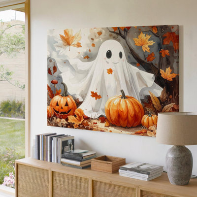 Art mural, fantôme souriant et citrouilles, fantaisie, automne, toile d'Halloween, prêt à accrocher, galerie, décoration moderne, qualité supérieure