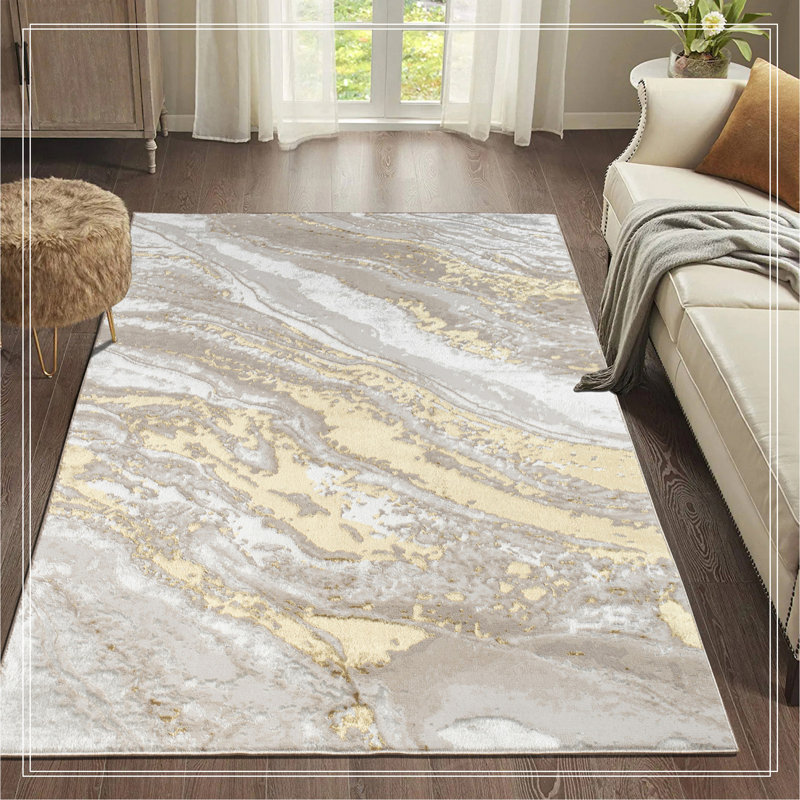 Tapis de luxe à motif abstrait beige et doré, Rectangle 2 pi x 2 pi 11 po