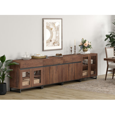Buffet 4 en 1 avec portes en verre et 2 tiroirs, crédence moderne avec tablette réglable et base en métal, armoire de rangement pour bar et salon, cuisine