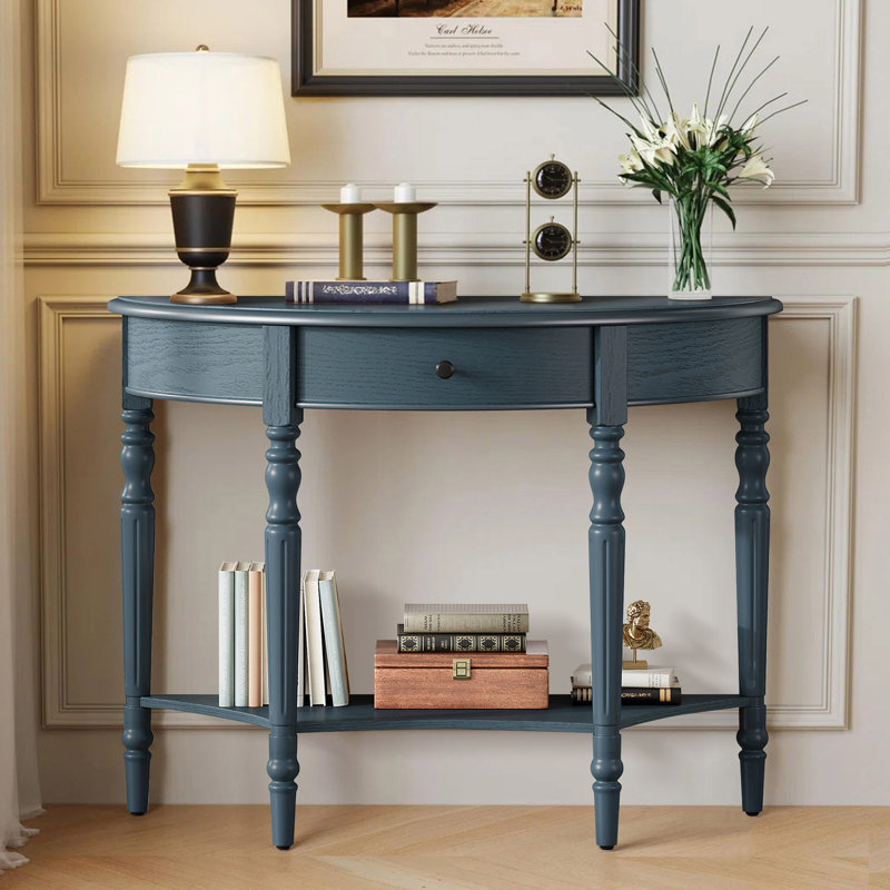 Console rustique demi-lune avec tiroir et tablette, Marine