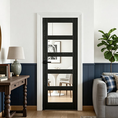 Slab Door - 5 Lite Glass Black Interior Door Manufacture Wood White With Black Lever Handle Version 32"X80"