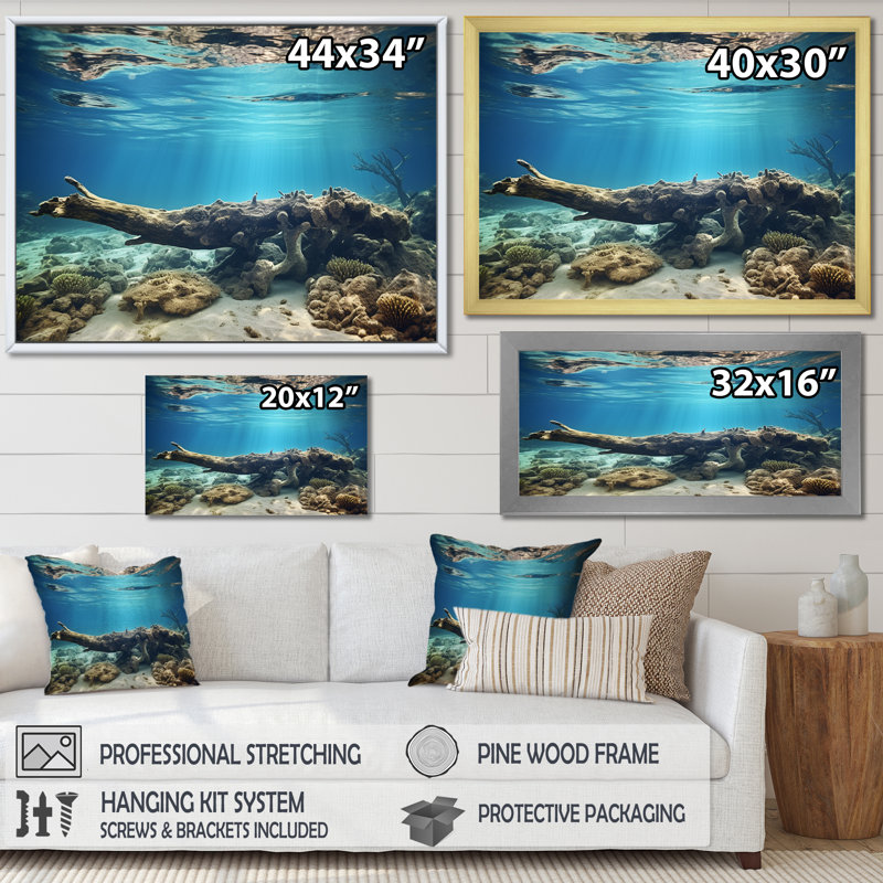Corail au bord de la mer - plage et océan, impressions sur toile, Cadre naturel flottant, H 24 po x l 32 po x P 1 po