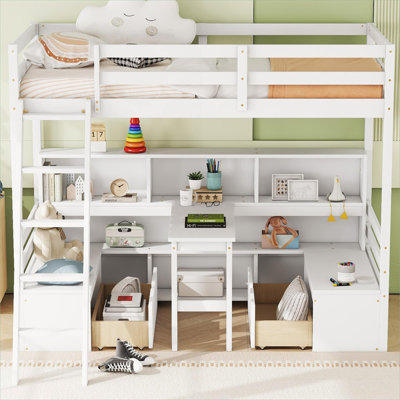 Lit mezzanine pour enfant multifonctionnel en pin massif blanc cassé avec tiroirs de siège de bureau intégrés et tablettes de rangement