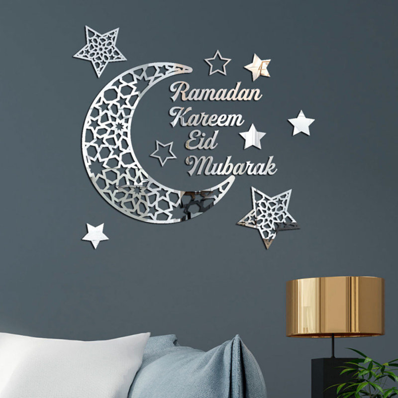 Ramadan lune étoile croissant miroir acrylique autocollant mural 3D autocollant Eid Mubarak décor pour portes fenêtres placards, Ramadan croissant autocollant mural 3D autocollant