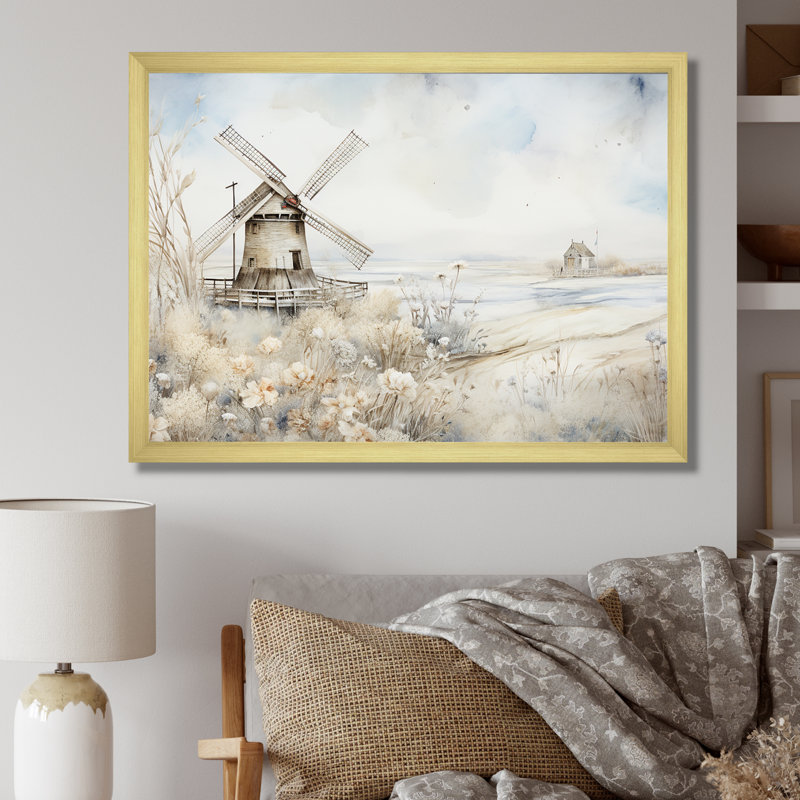 Nostalgic Windmill In Winter - Wind Turbines Wall Art, Gold Closed Corner Framed, 34" H x 44" W x 1.5" D