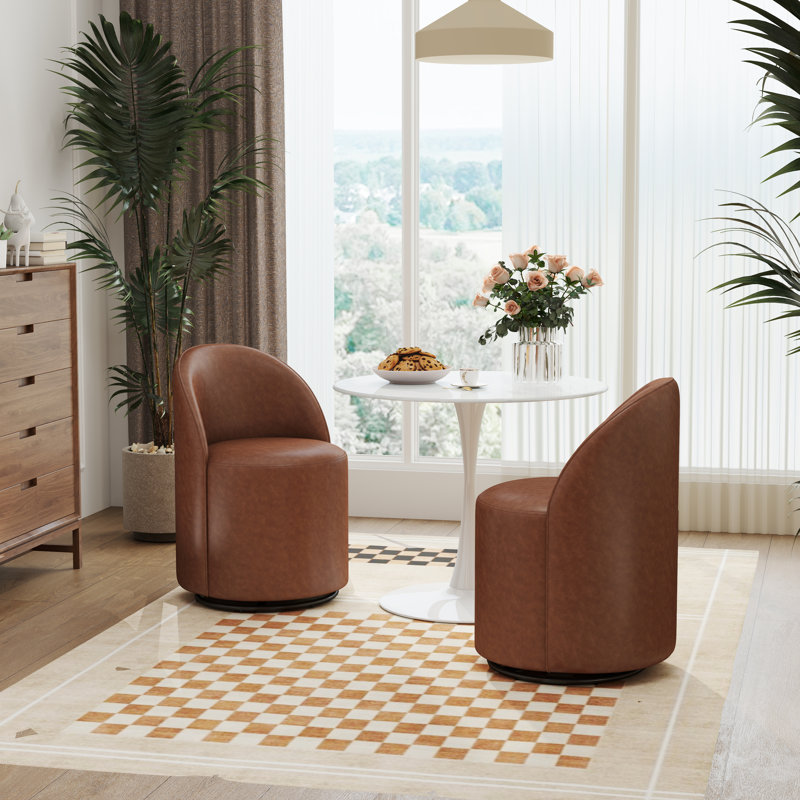 Mid-Century Dining Set With Round Pedestal Dining Table With Metal Base And Swivel Upholstered Barrel Back Dining Chairs For Kitchen/Dining Room