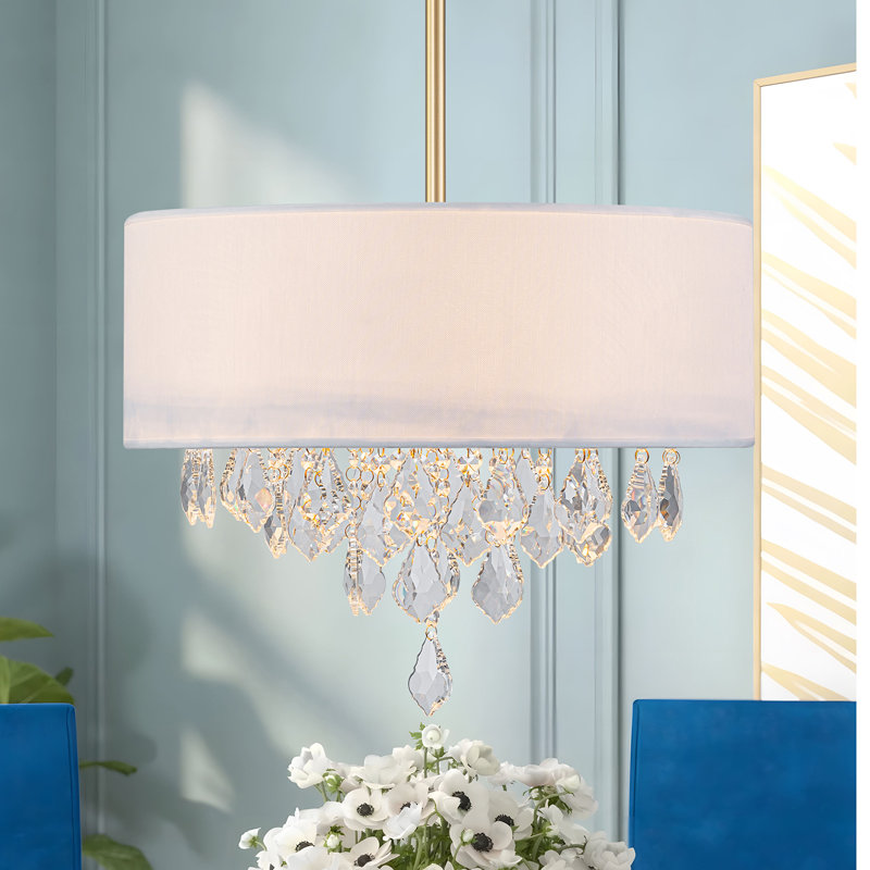 5 - Light Dimmable Fabric Drum Chandelier With Crystal Accent, Gold
