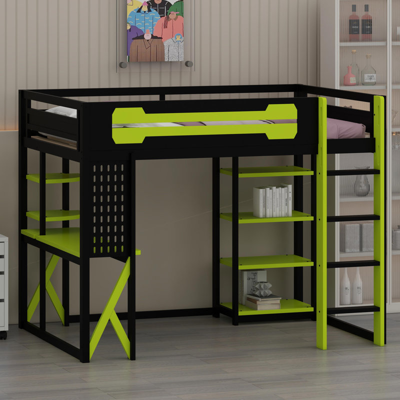 All-in-One Loft Bed System with Desk, Storage, Fast Charging & Customizable RGB Lights, Black+Green