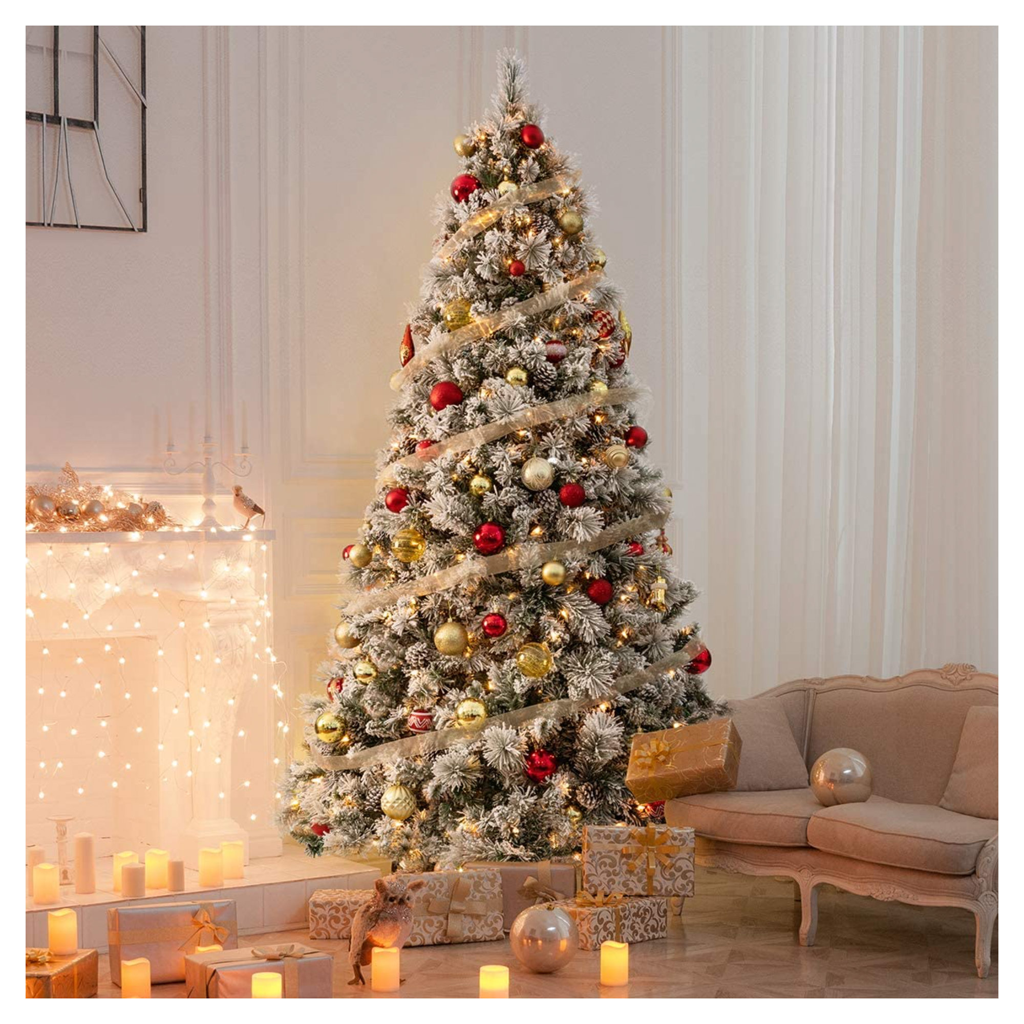 Realistic Fir Flocked Christmas Tree with LED Lights, 9' H