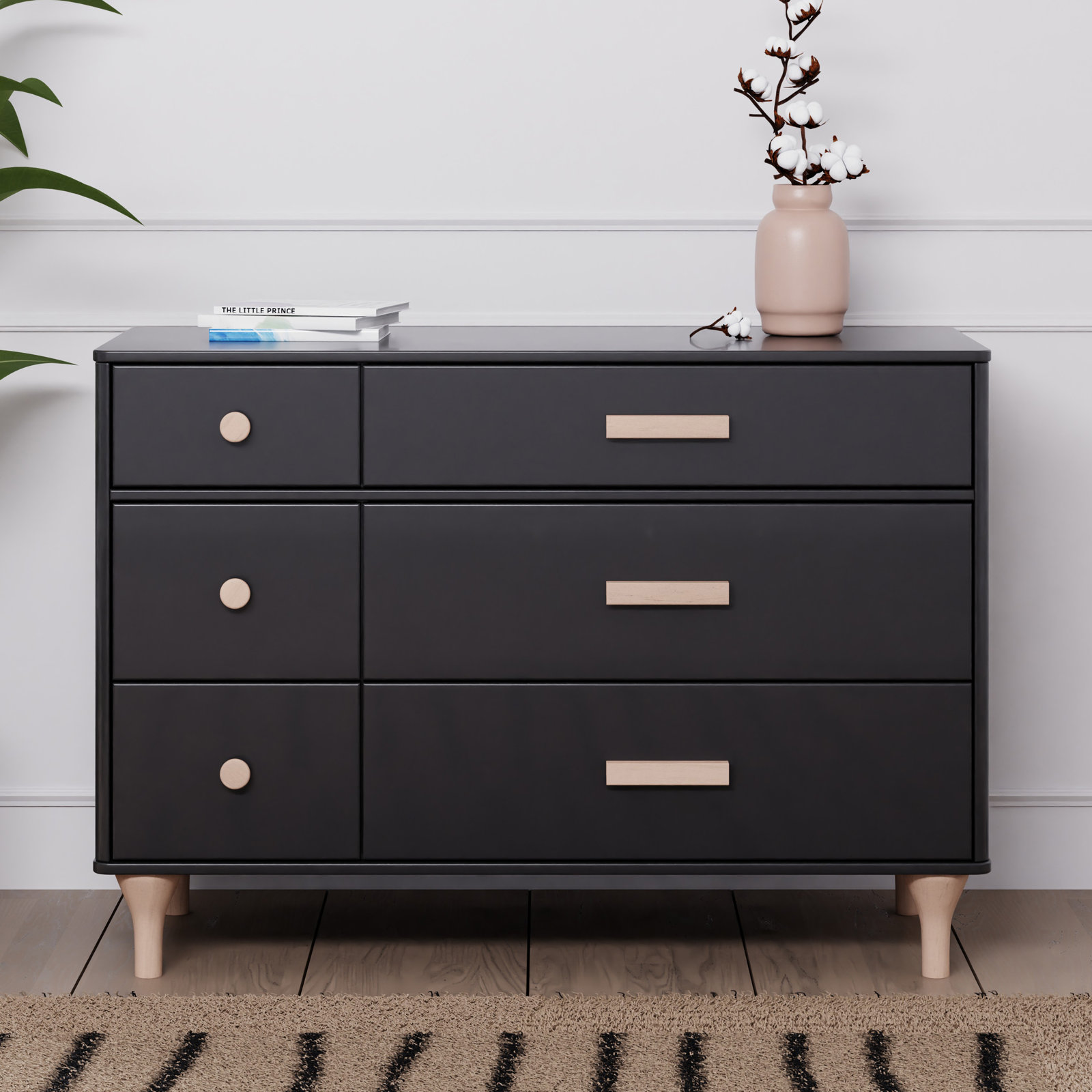 Lolly 6-Drawer Assembled Double Dresser, Black/Washed Natural