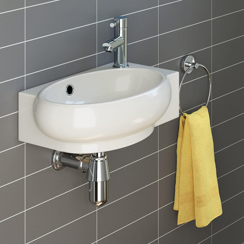 iBathUK Zelma Compact Wall Hung Bathroom Sink, Modern Ceramic Basin (Right Hand), Space Saving Wall Hung Cloakroom Basin