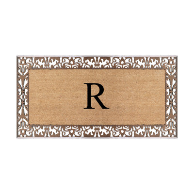 Dyari Natural Coir & Rubber Paisley Border Monogram Non-Slip Door Mat, 30"x60", Bronze, Heavy-Duty Low-Profile Outdoor Front Porch