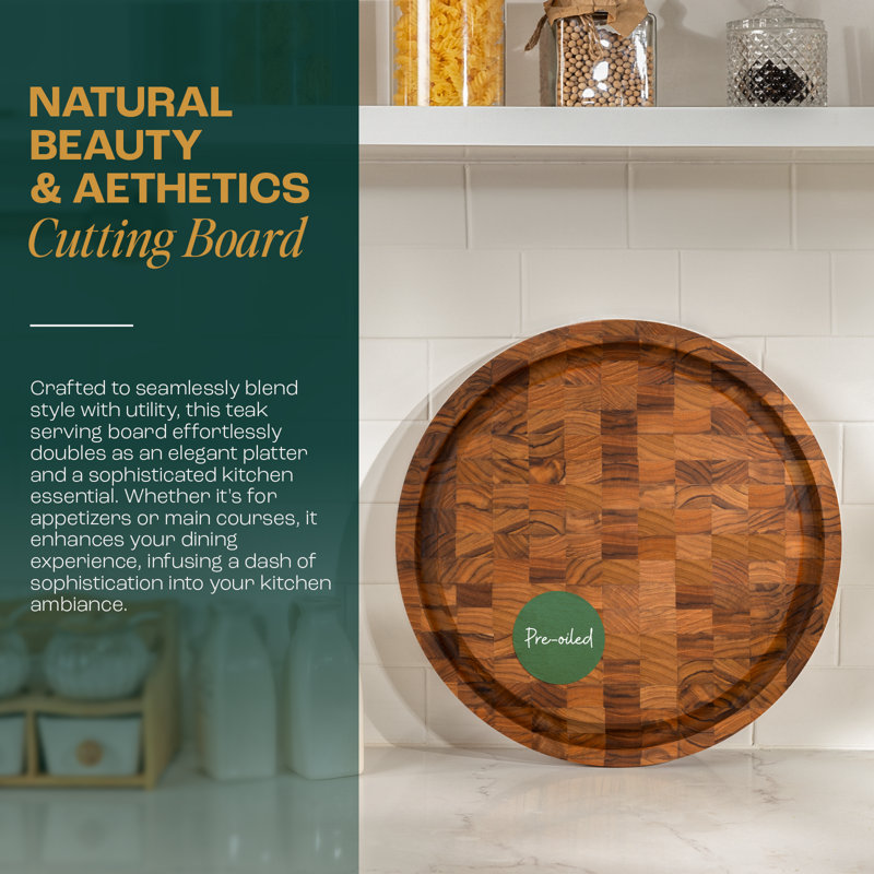Round End Grain Teak Cutting Board - 15.75'' Round x 1'' Thickness
