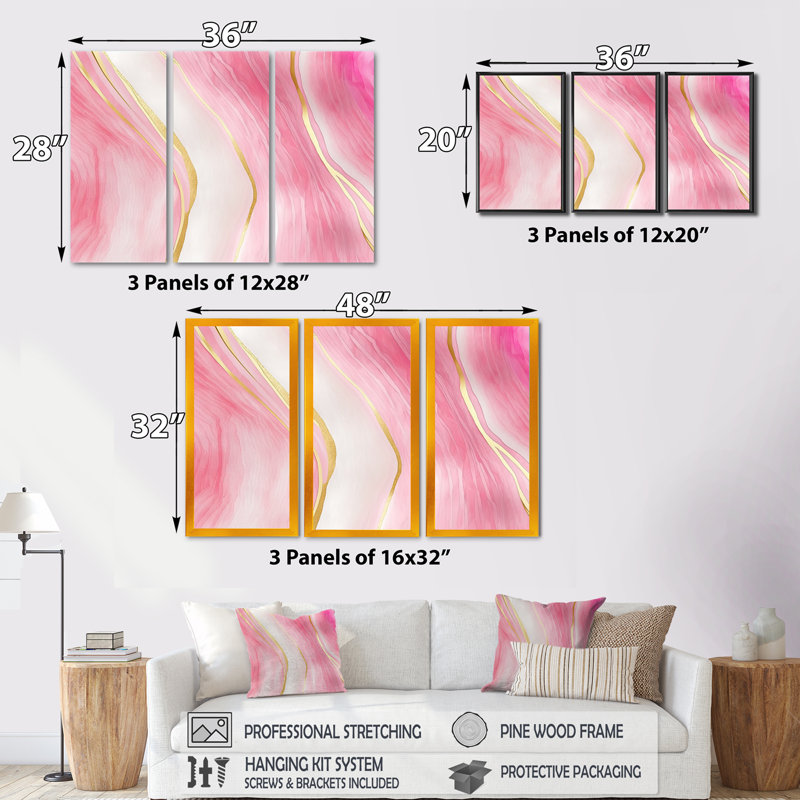 «Abstract Geode Marble Waves Pink II», reproduction sur toile 3 pièces, H 28 po x l 36 po x P 1 po, Cadre flottant brun