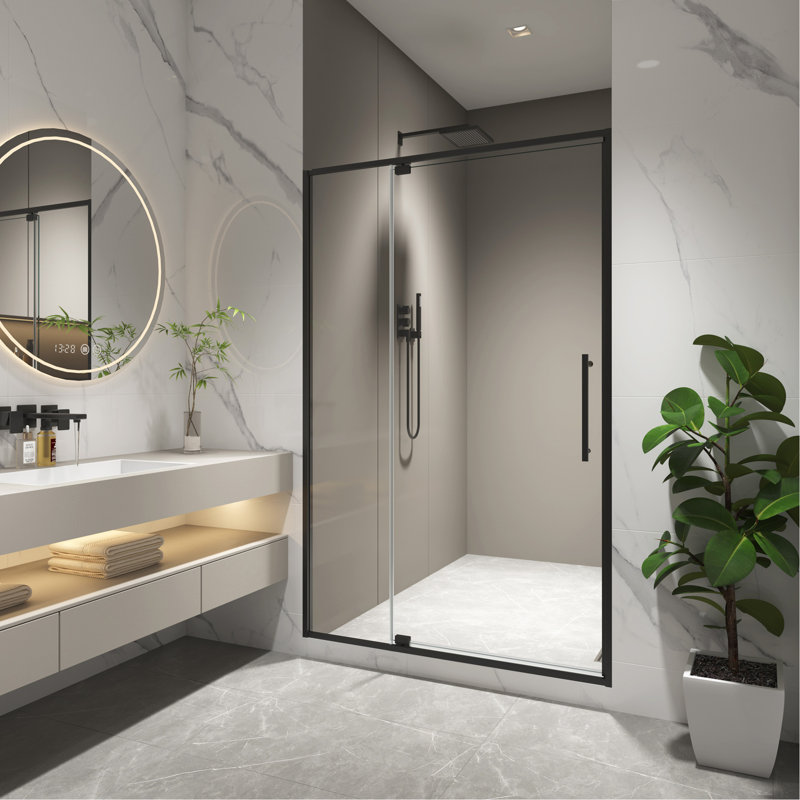 Porte de douche pivotante de 44 à 48 po x H 74 po, ouverte à l'extérieur, arrêt à 105 degrés, avec finition en verre trempé de 5/16 po noir mat