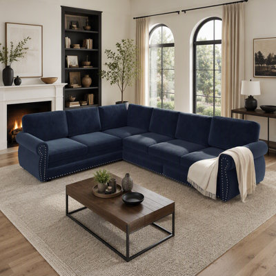 Canapé d'angle en L de 3 m avec lit gigogne, canapé-lit convertible surdimensionné avec garniture cloutée et accoudoirs arrondis, canapés d'angle en chenille, pour salon, bleu