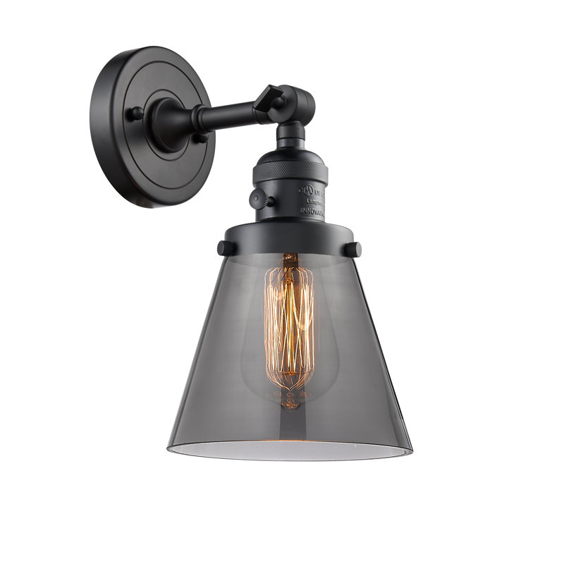 Applique murale 1 lumière Cone, Ampoule incandescente rétro 60 watts, Fumé, Noir mat