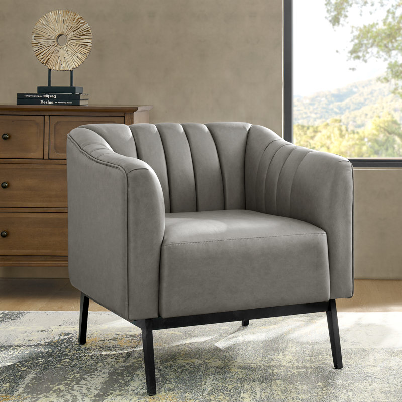 Byanka Industry 27.5" Wide Faux Leather Chair with Channel Tufting and Metal Leg, Gray Faux Leather