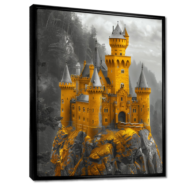 Monochromes de château forteresse en montagne II - impression d'art mural châteaux, Toile avec cadre flottant noir