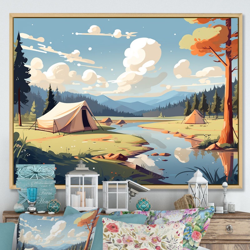«Camping By The River Scenery II», reproduction sur toile, H 24 po x l 32 po x P 1 po, Cadre naturel flottant