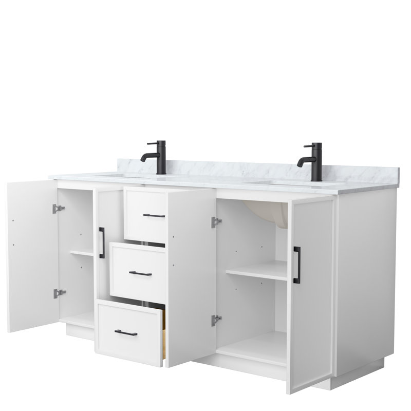 Elan TK 72" Freestanding Double Bathroom Vanity with Marble Top, Matte Black, White