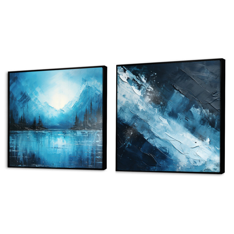 Northern Harmony Blue Sky - ensemble de 2 collages carrés de paysages abstraits, Cadre flottant noir, H 16 po x l 33 po