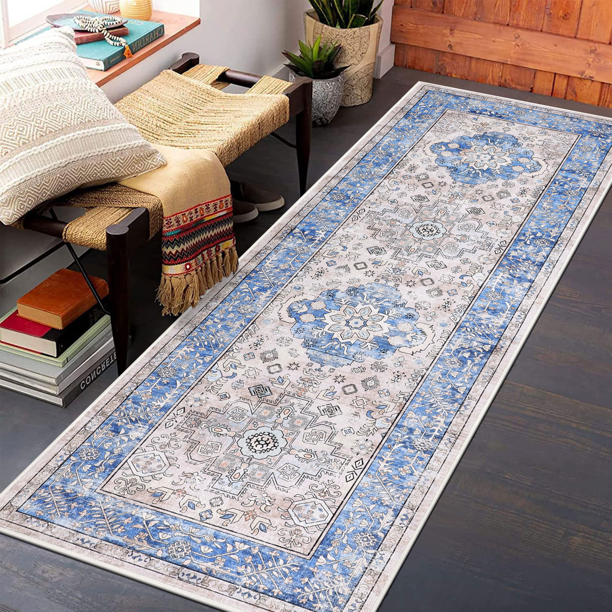 2'X6' Non Slip Vintage Distressed Runner Rugs for Bedroom Washable Entryway  Low