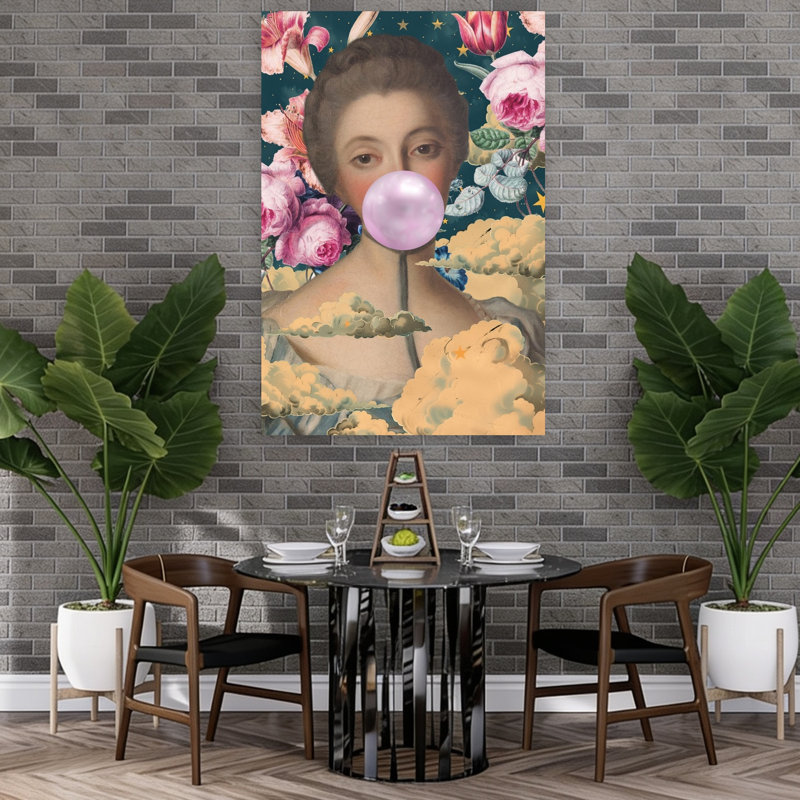 Affiche murale fleurie surréaliste avec motif de gomme à mâcher, portrait classique, onirique et élégant de fleurs