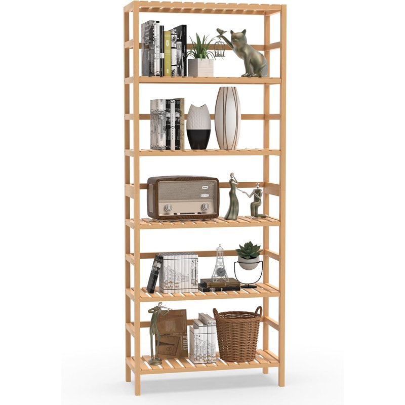 Étagère en bambou à 6 niveaux, étagère de rangement en bambou, bibliothèque haute avec tablettes réglables