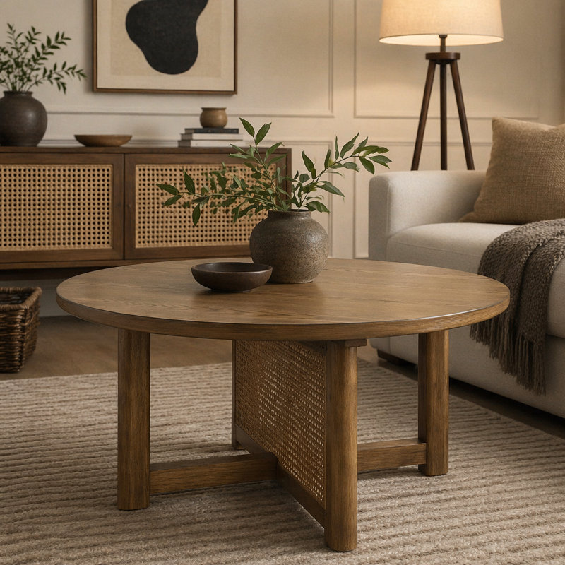 Table basse 32 po en rotin, table basse ronde en bois tissé de rotin
