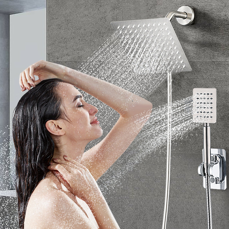 8" Stainless Steel Square Rain Shower Head And Handheld Shower Combo, Wall-mounted