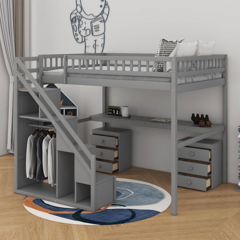 Lit mezzanine avec deux commodes, bureau et bande lumineuse, Gris, Lit double