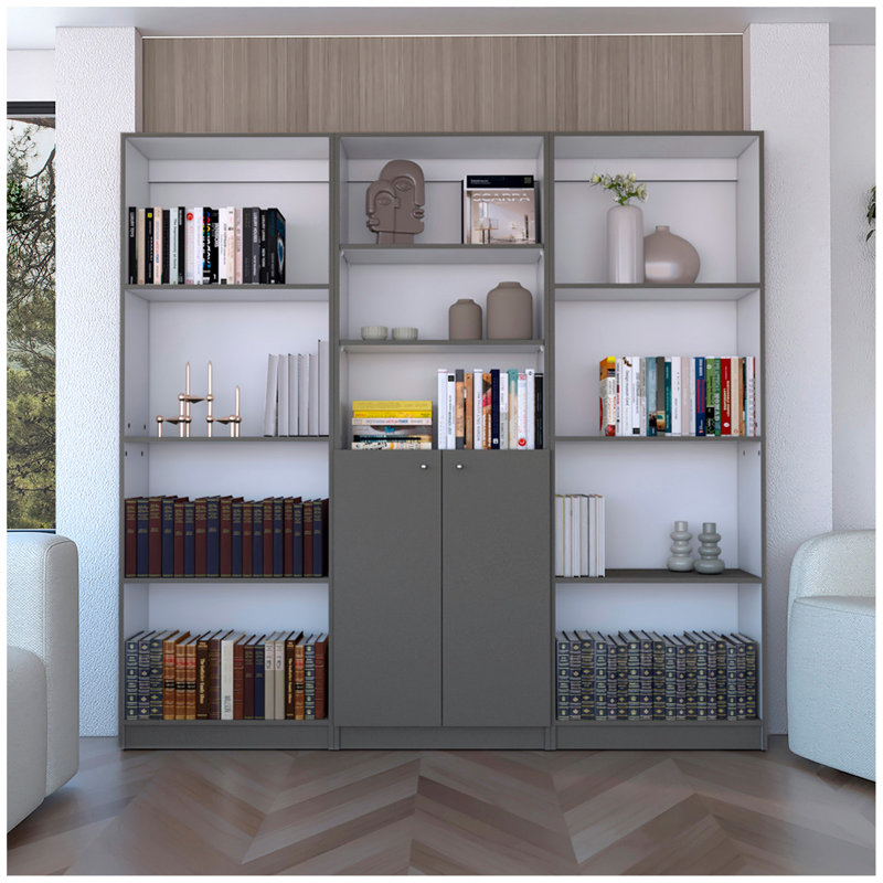 Ensemble de bibliothèque à domicile 3 pièces Duette, d'une largeur de 74 po avec 11 tablettes et une armoire à 2 portes, ensemble de salon gris mat / blanc