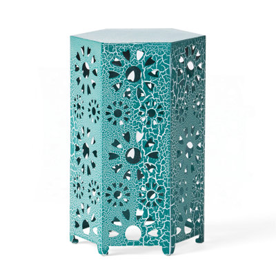 14" Side Table With Sunburst Cut Out Design, Teal