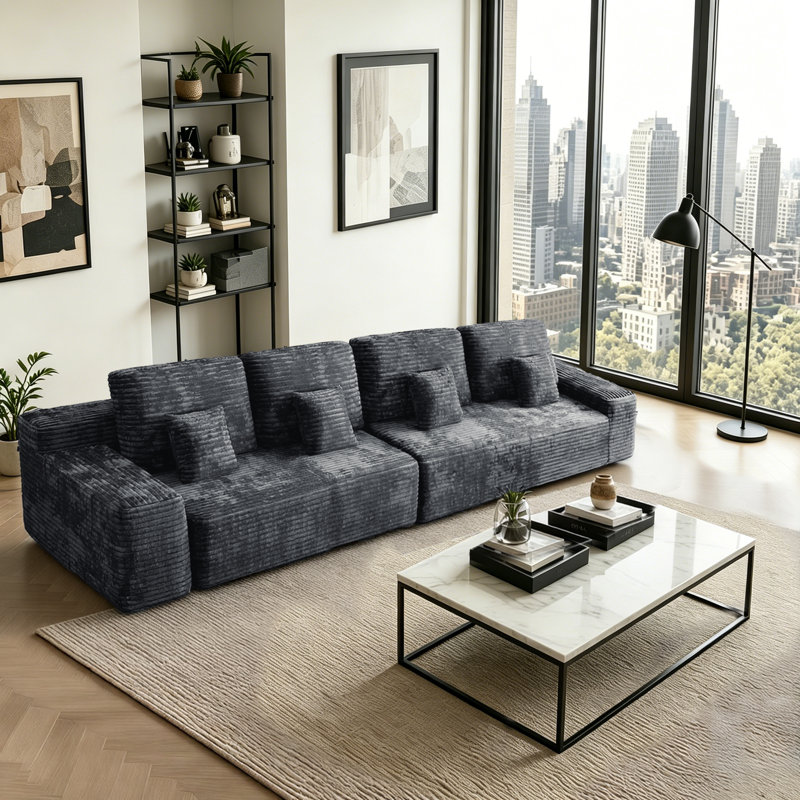 Canapé modulaire en velours côtelé de 135 po de largeur avec siège moelleux en mousse Lazar, capacité de 4 personnes