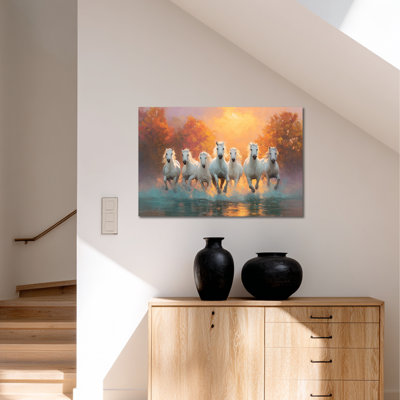 Horse Wall Art, 7 Horses Running Painting Vastu With Frame, Horse Pictures Wall Decor, 7 Running Horses Painting Large Horse Canvas Wall Art for Living Room, Bedroom, Office 12" × 16"