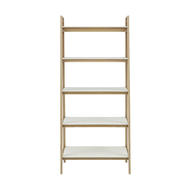 5-Shelf Mid-Century Bookcase - Natural Wood Base, White Shelving Cabinet Frame,, Off White/Natural
