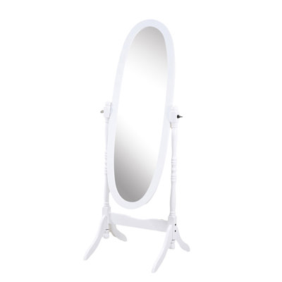 White Traditional Wood Floor Mirror - Full Body Reflection Elongated Oval Glass Standing Platform With Tilt Function Style Stable Freestanding Design